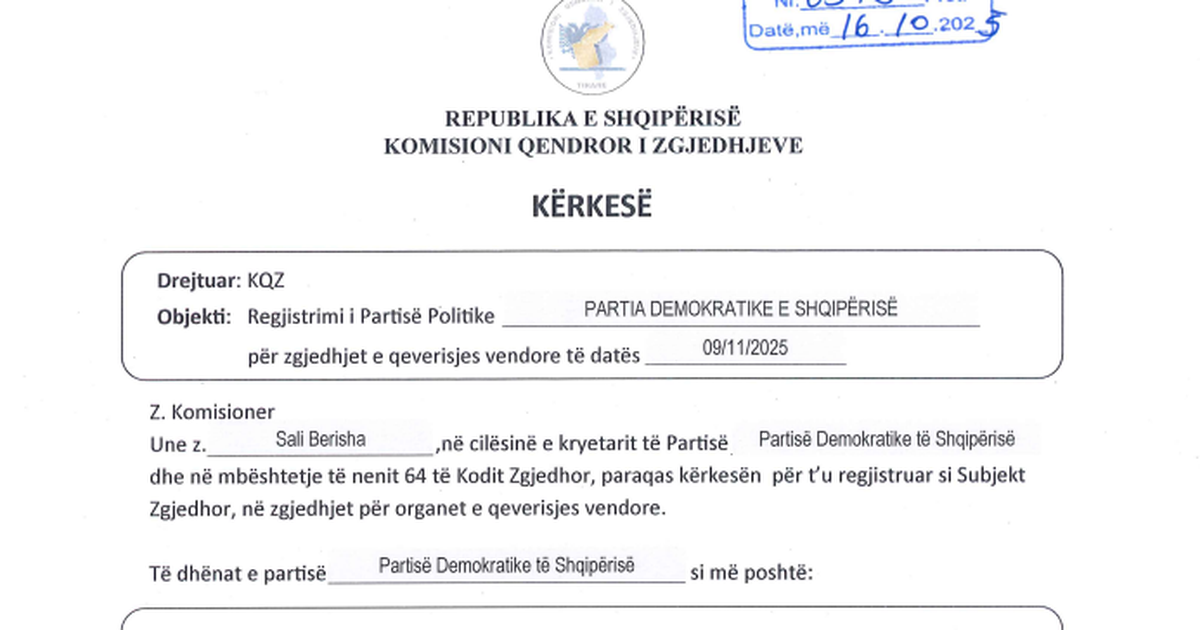 PD depoziton shkresën në KQZ për regjistrimin në zgjedhjet e pjesshme