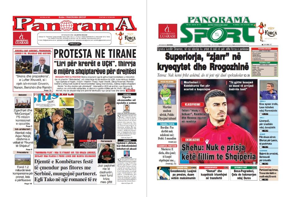 Lexoni faqen e parë të gazetës “Panorama” dhe “Panorama Sport”
