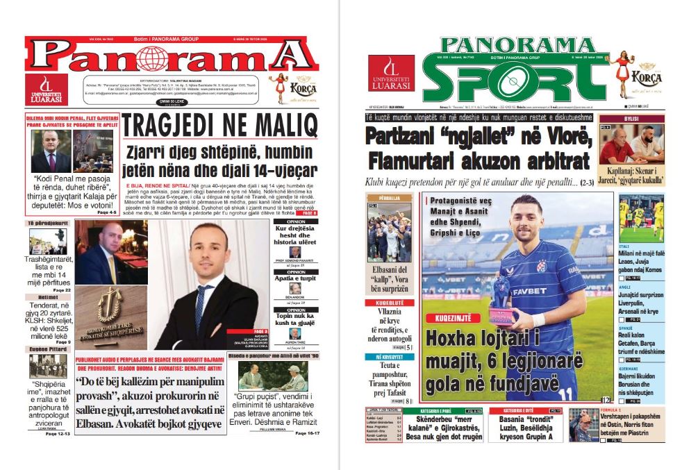 Lexoni faqen e parë të gazetës “Panorama” dhe “Panorama Sport”