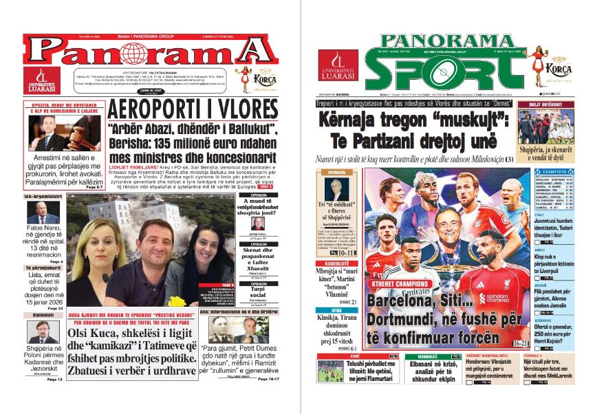 Lexoni faqen e parë të gazetës “Panorama” dhe “Panorama Sport”