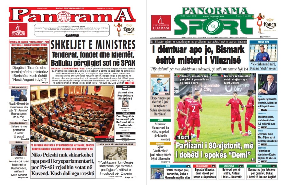 Lexoni faqen e parë të gazetës “Panorama” dhe “Panorama Sport”