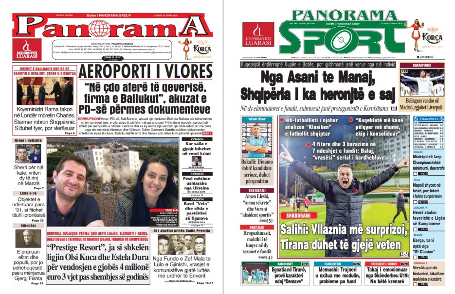 Lexoni faqen e parë të gazetës “Panorama” dhe “Panorama Sport”