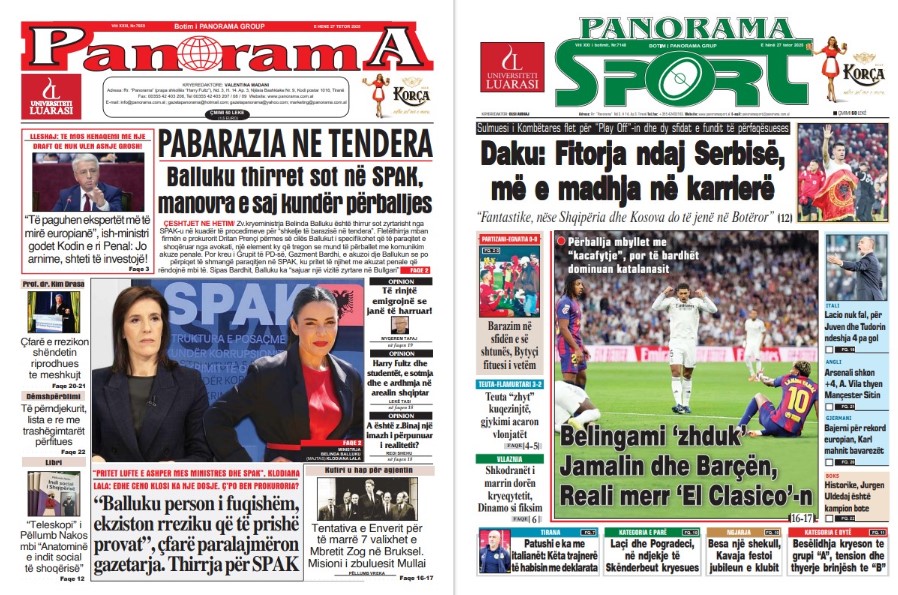 Lexoni faqen e parë të gazetës “Panorama” dhe “Panorama Sport”