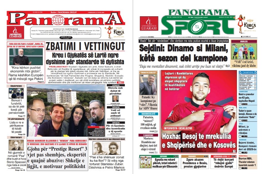 Lexoni faqen e parë të gazetës “Panorama” dhe “Panorama Sport”