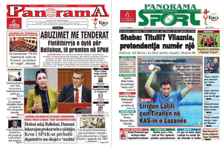 Lexoni faqen e parë të gazetës “Panorama” dhe “Panorama Sport”