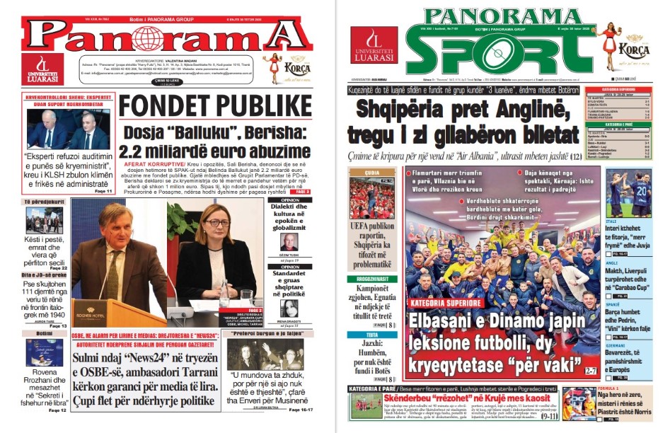 Lexoni faqen e parë të gazetës “Panorama” dhe “Panorama Sport”