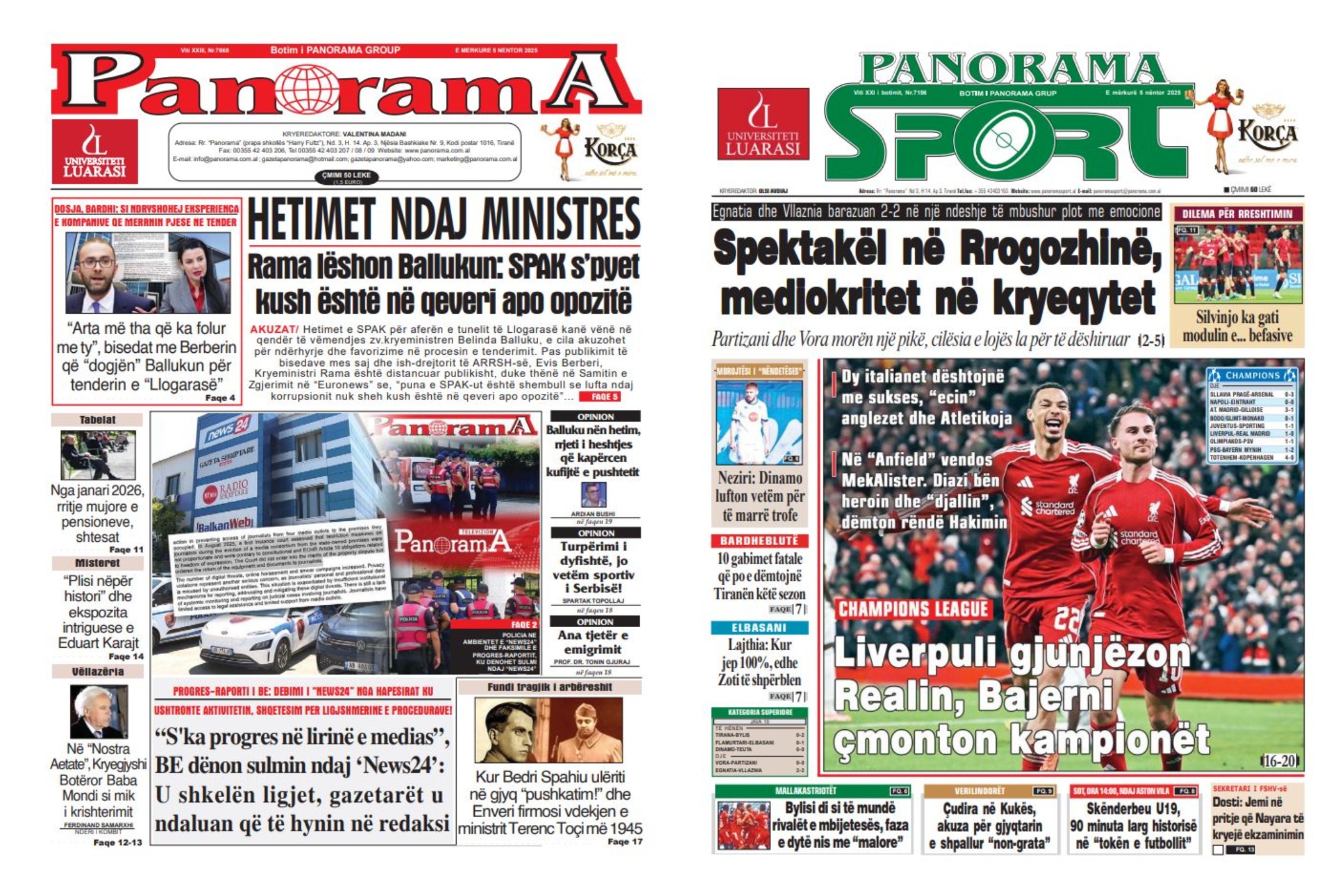 Lexoni faqen e parë të gazetës “Panorama” dhe “Panorama Sport”