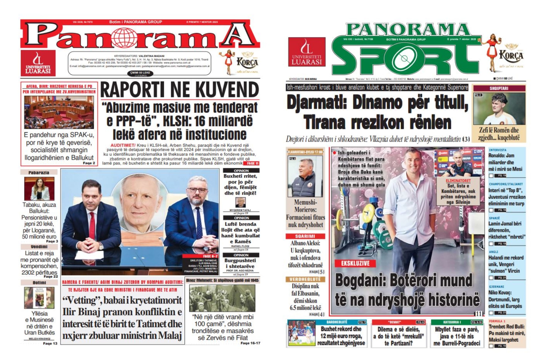 Lexoni faqen e parë të gazetës “Panorama” dhe “Panorama Sport”