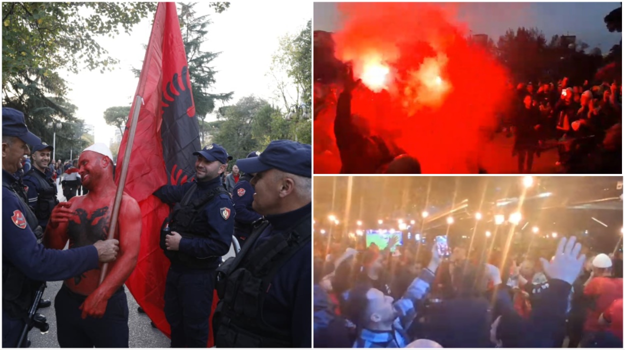 PAMJET/ Atmosferë festive para ndeshjes Shqipëri-Angli, tifozët kuqezi me qeleshe dhe flamurin kombëtar këndojnë e kërcejnë në rrugët e Tiranës