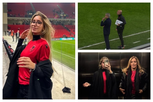 FOTO/ Të veshura me fanellën e Kombëtares, vajza dhe gruaja motivojnë Silvinjon nga tribuna e “Air Albania”