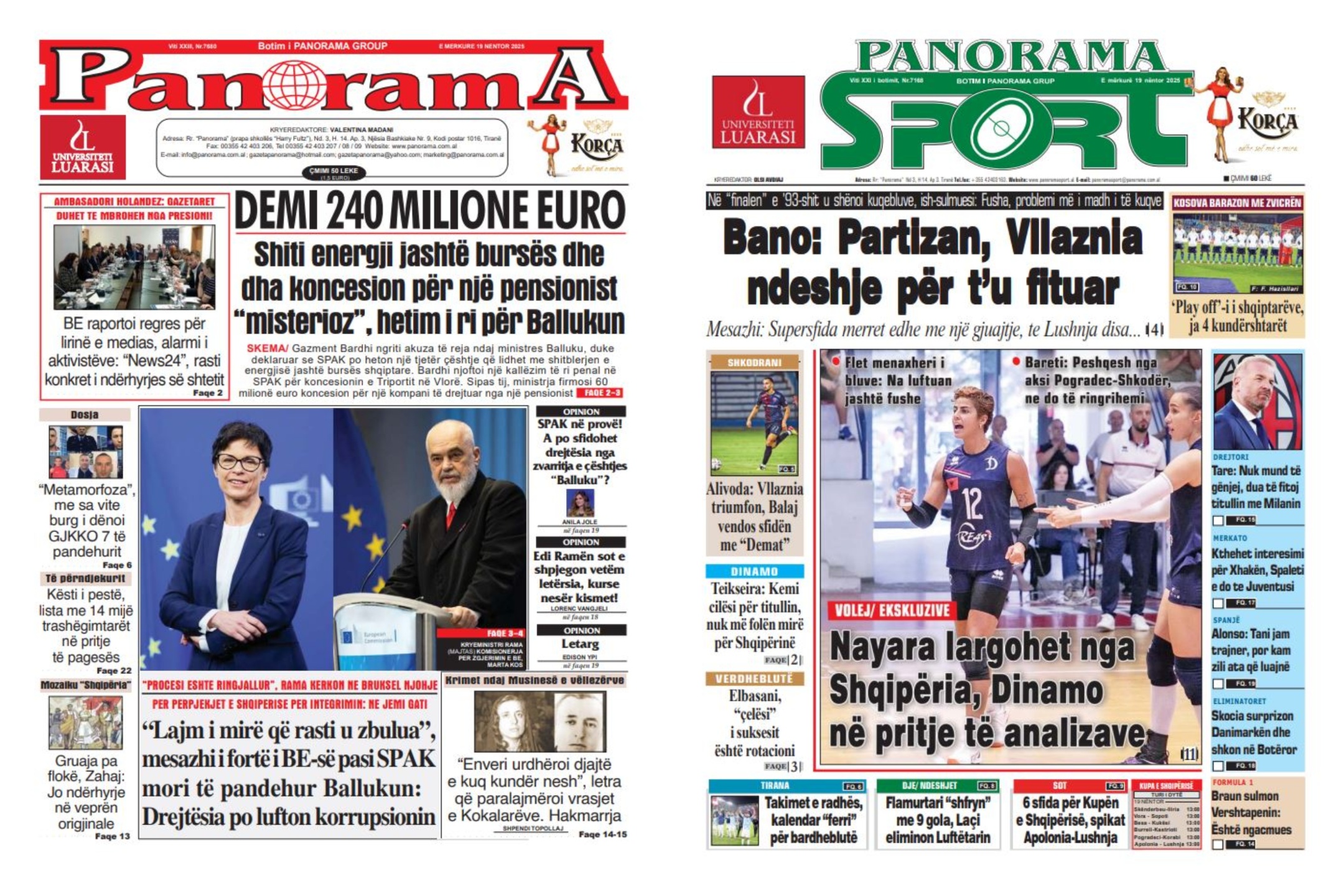 Lexoni faqen e parë të gazetës “Panorama” dhe “Panorama Sport”