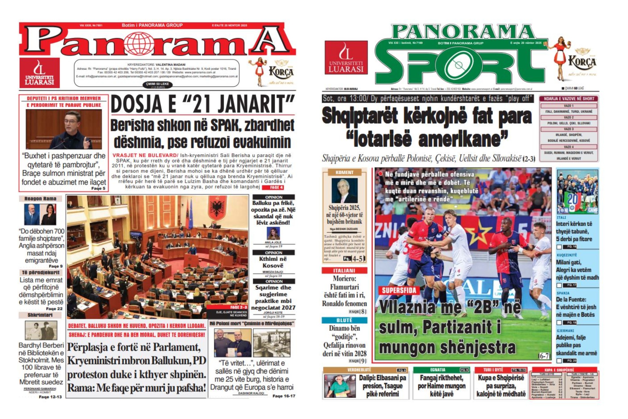 Lexoni faqen e parë të gazetës “Panorama” dhe “Panorama Sport”