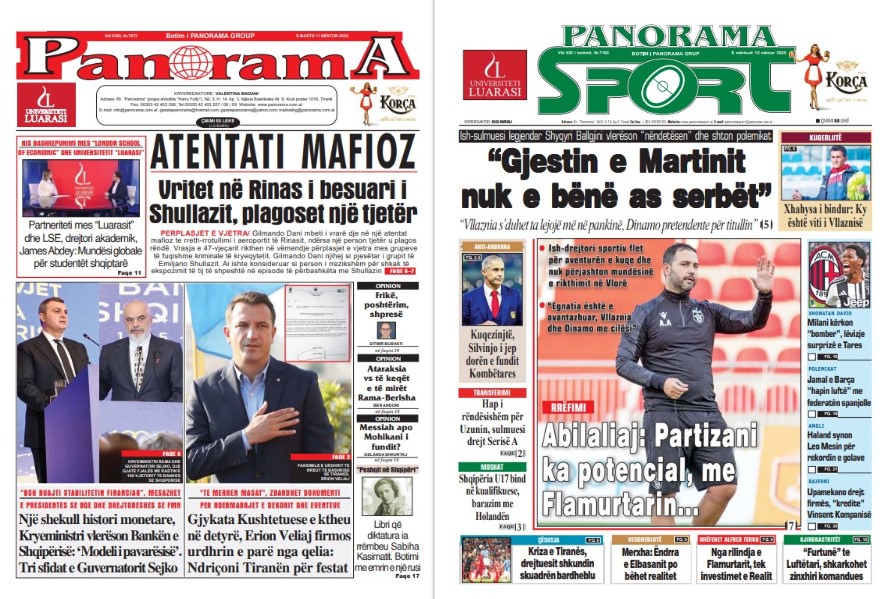 Lexoni faqen e parë të gazetës “Panorama” dhe “Panorama Sport”