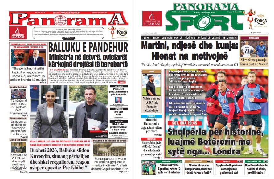 Lexoni faqen e parë të gazetës “Panorama” dhe “Panorama Sport”