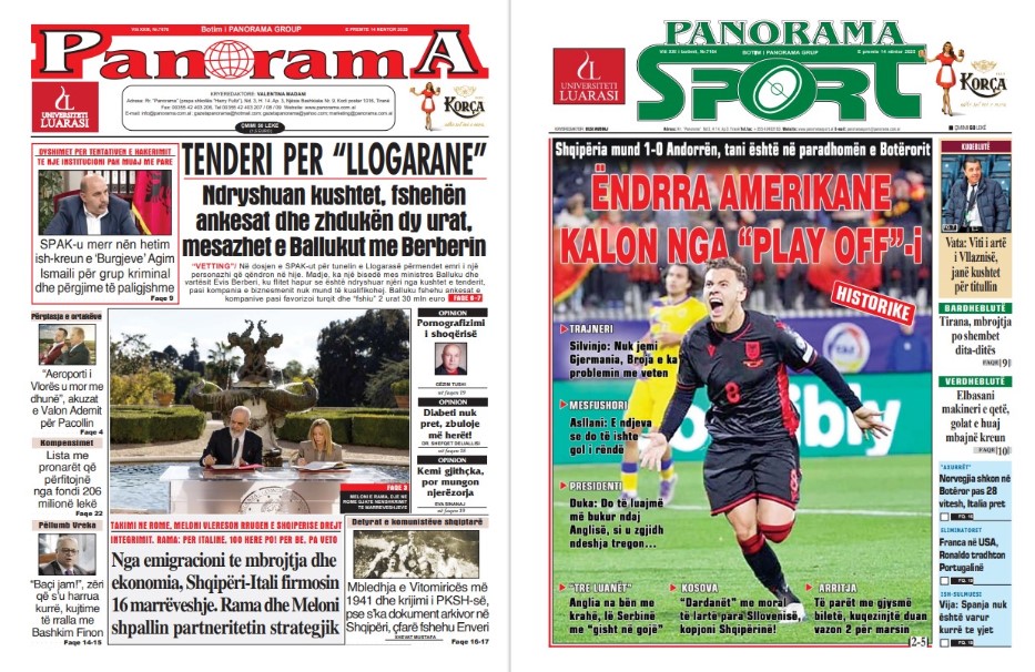 Lexoni faqen e parë të gazetës “Panorama” dhe “Panorama Sport”