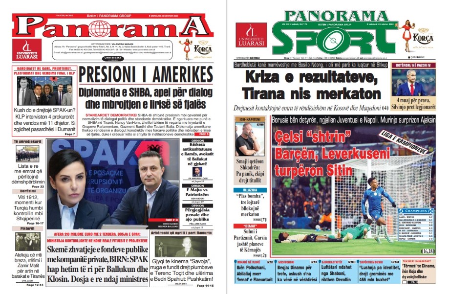 Lexoni faqen e parë të gazetës “Panorama” dhe “Panorama Sport”