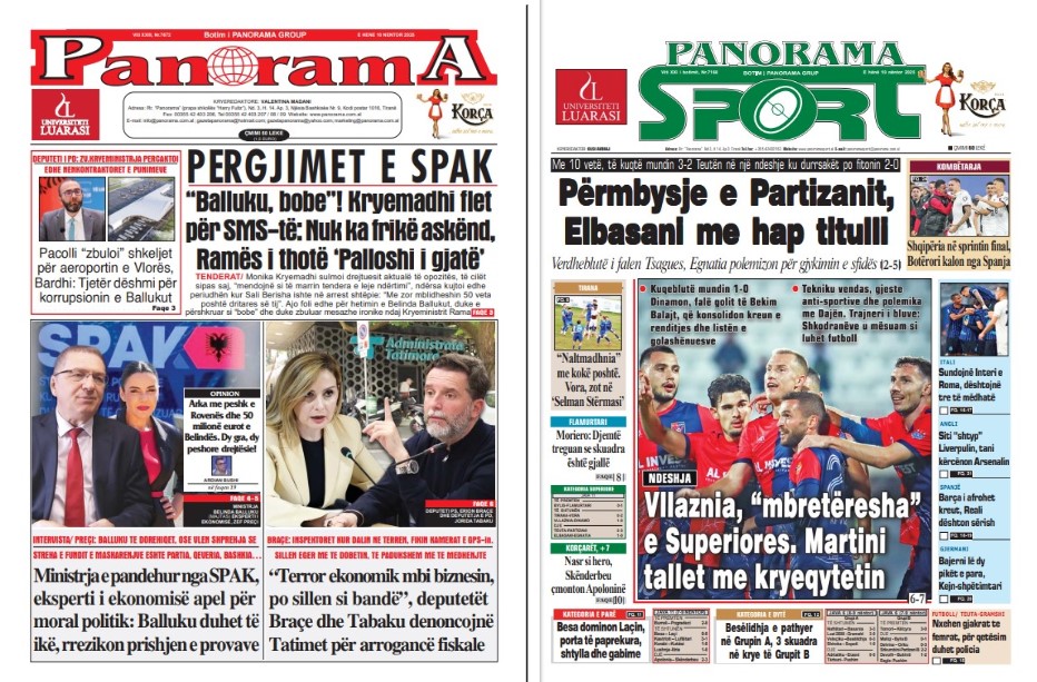 Lexoni faqen e parë të gazetës “Panorama” dhe “Panorama Sport”