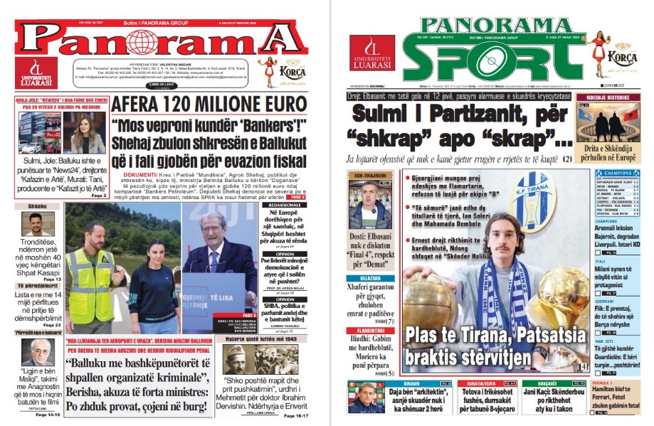 Lexoni faqen e parë të gazetës “Panorama” dhe “Panorama Sport”