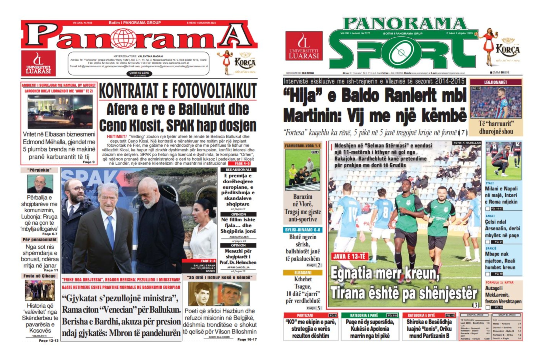 Lexoni faqen e parë të gazetës “Panorama” dhe “Panorama Sport”