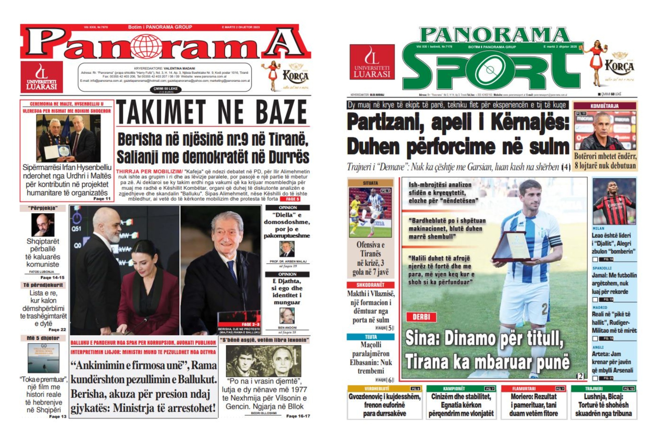 Lexoni faqen e parë të gazetës “Panorama” dhe “Panorama Sport”