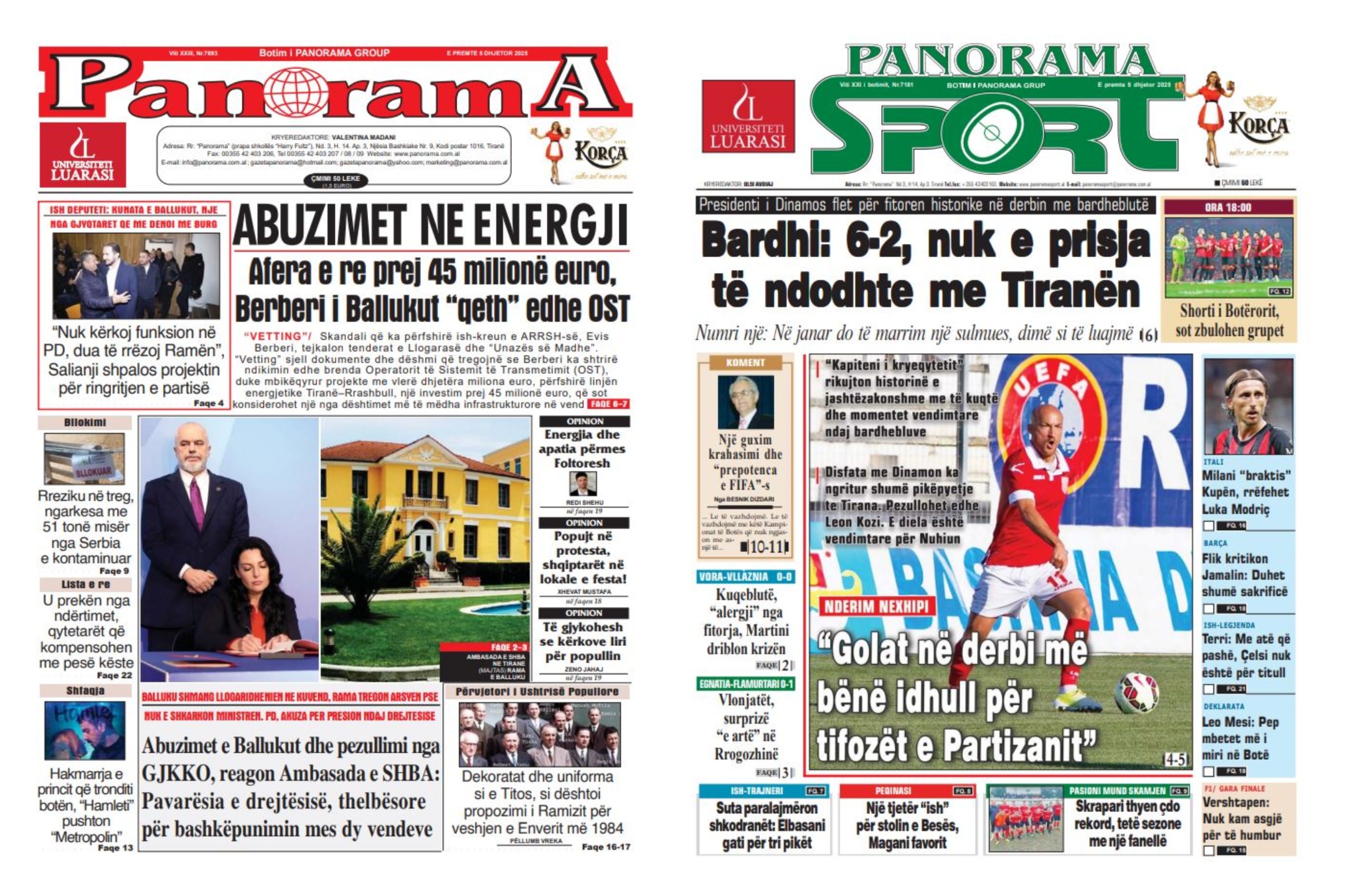 Lexoni faqen e parë të gazetës “Panorama” dhe “Panorama Sport”