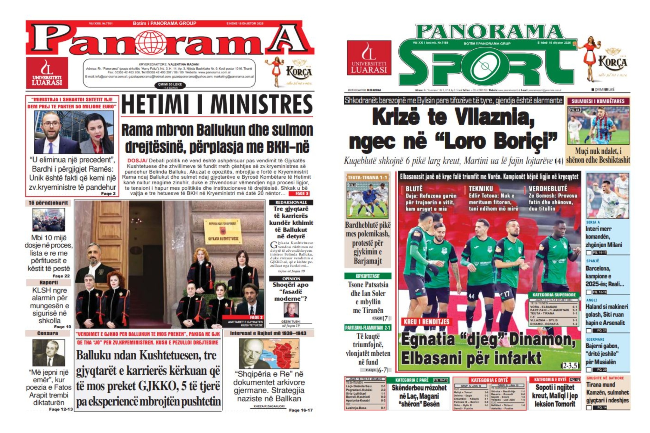 Lexoni faqen e parë të gazetës “Panorama” dhe “Panorama Sport”