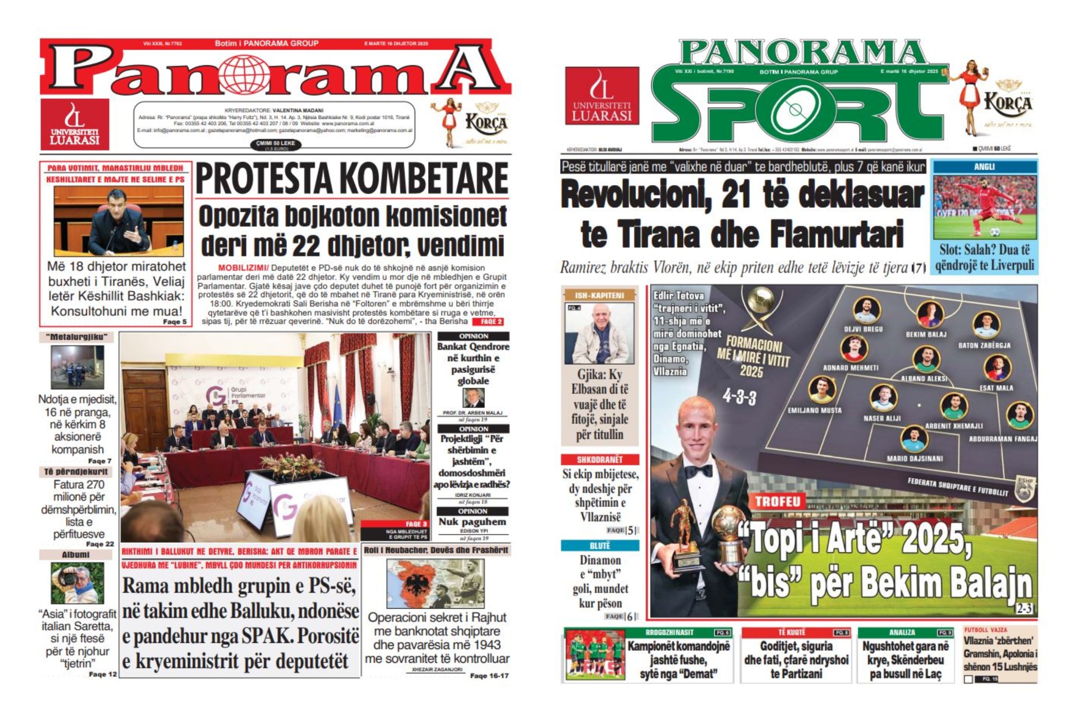 Lexoni faqen e parë të gazetës “Panorama” dhe “Panorama Sport”