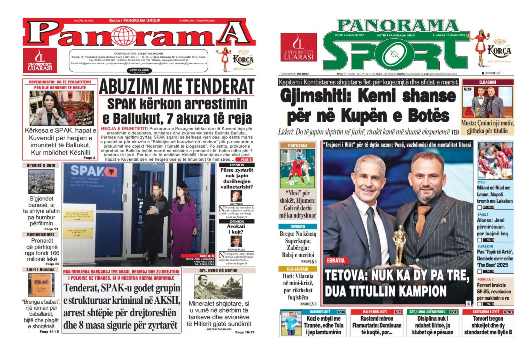 Lexoni faqen e parë të gazetës “Panorama” dhe “Panorama Sport”