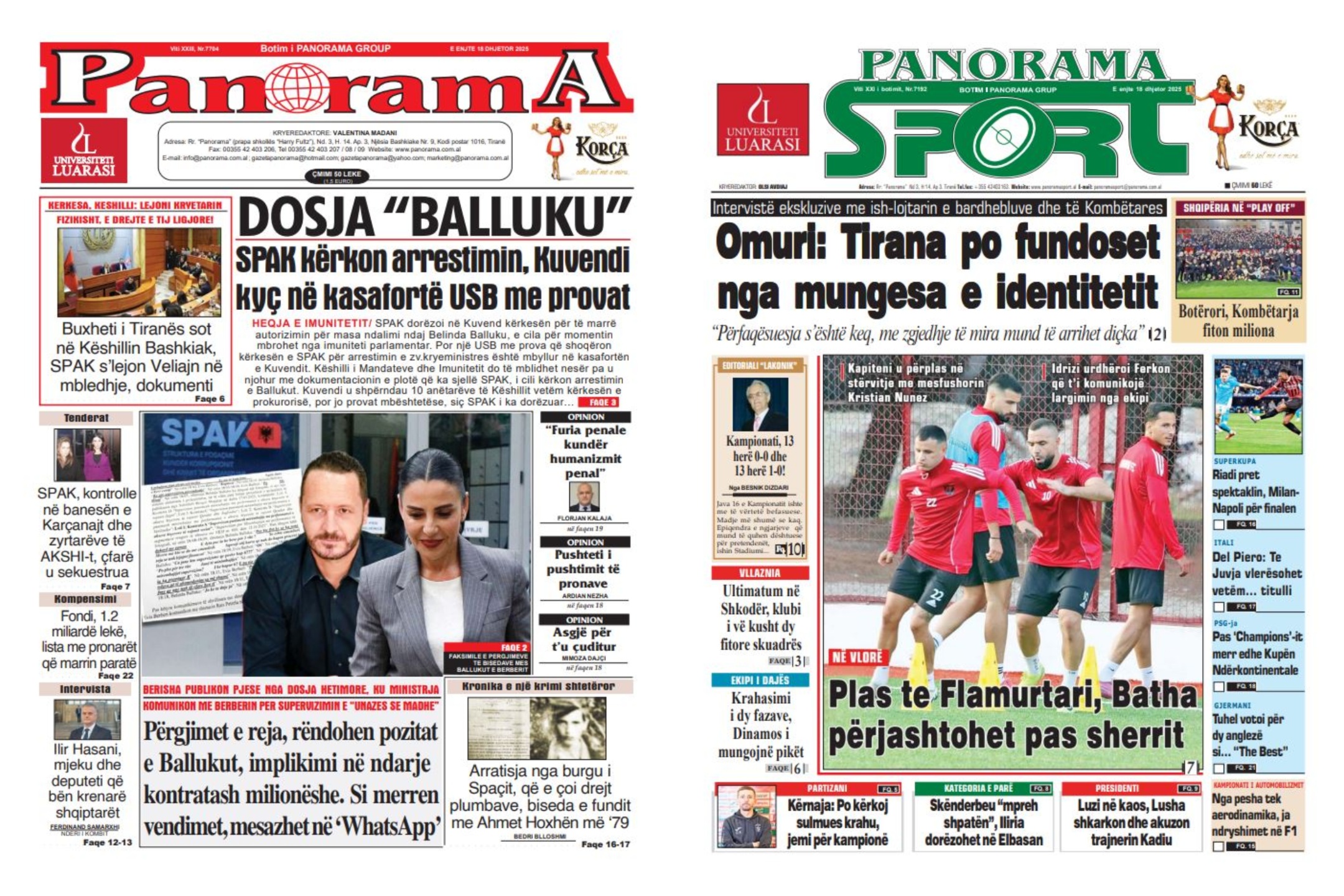 Lexoni faqen e parë të gazetës “Panorama” dhe “Panorama Sport”