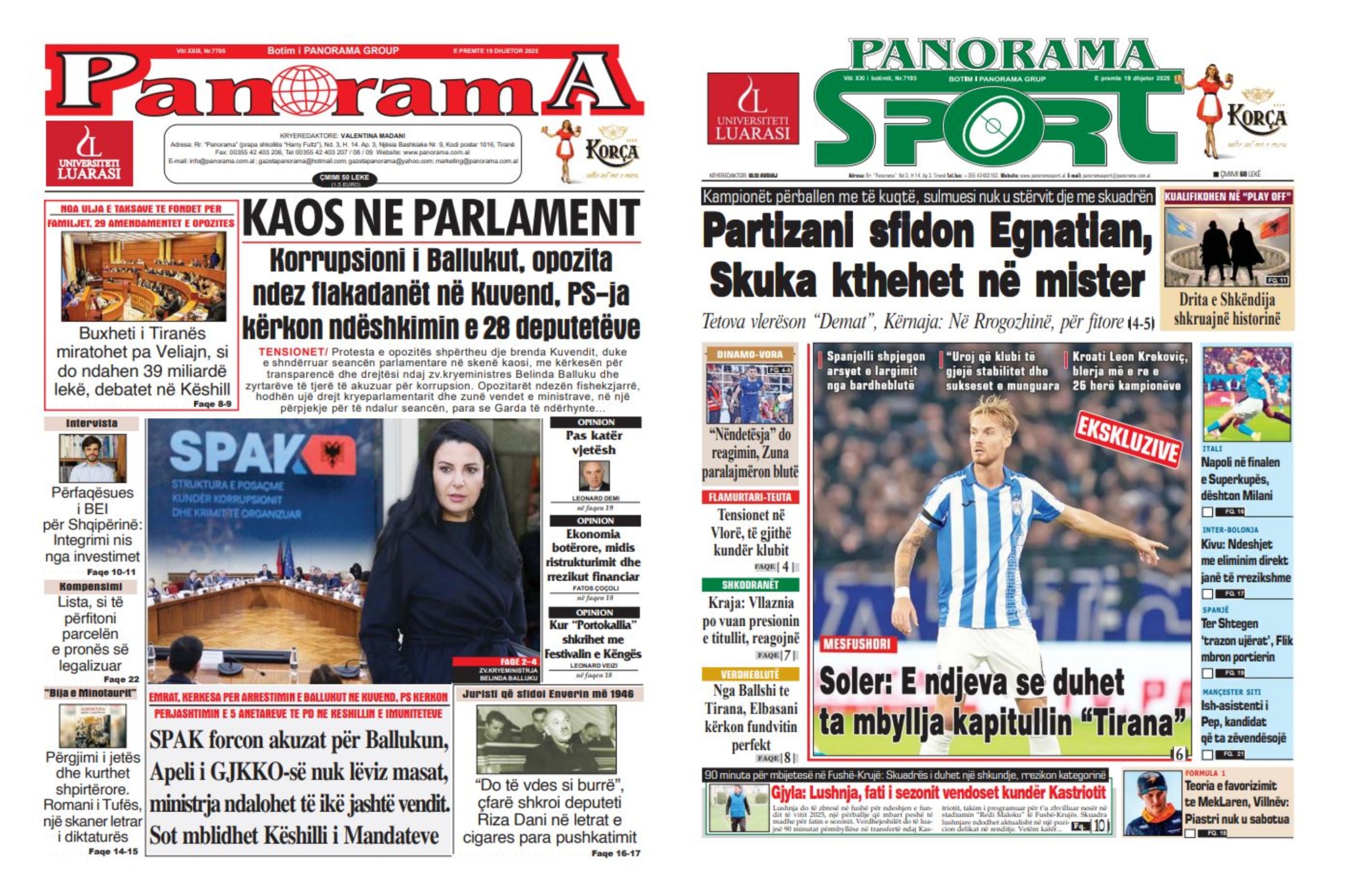 Lexoni faqen e parë të gazetës “Panorama” dhe “Panorama Sport”
