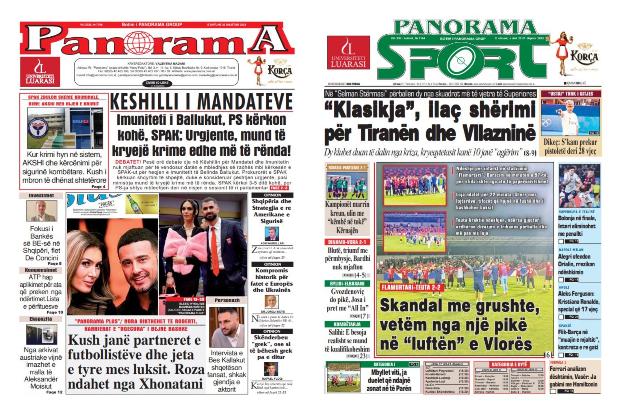 Lexoni faqen e parë të gazetës “Panorama” dhe “Panorama Sport”