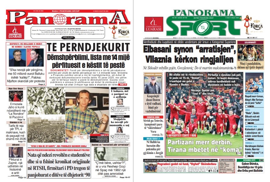Lexoni faqen e parë të gazetës “Panorama” dhe “Panorama Sport”