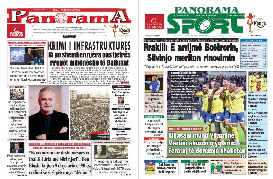 Lexoni faqen e parë të gazetës “Panorama” dhe “Panorama Sport”