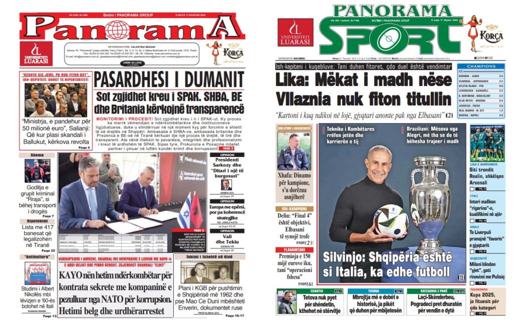 Lexoni faqen e parë të gazetës “Panorama” dhe “Panorama Sport”