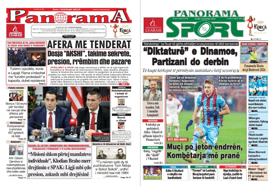 Lexoni faqen e parë të gazetës “Panorama” dhe “Panorama Sport”