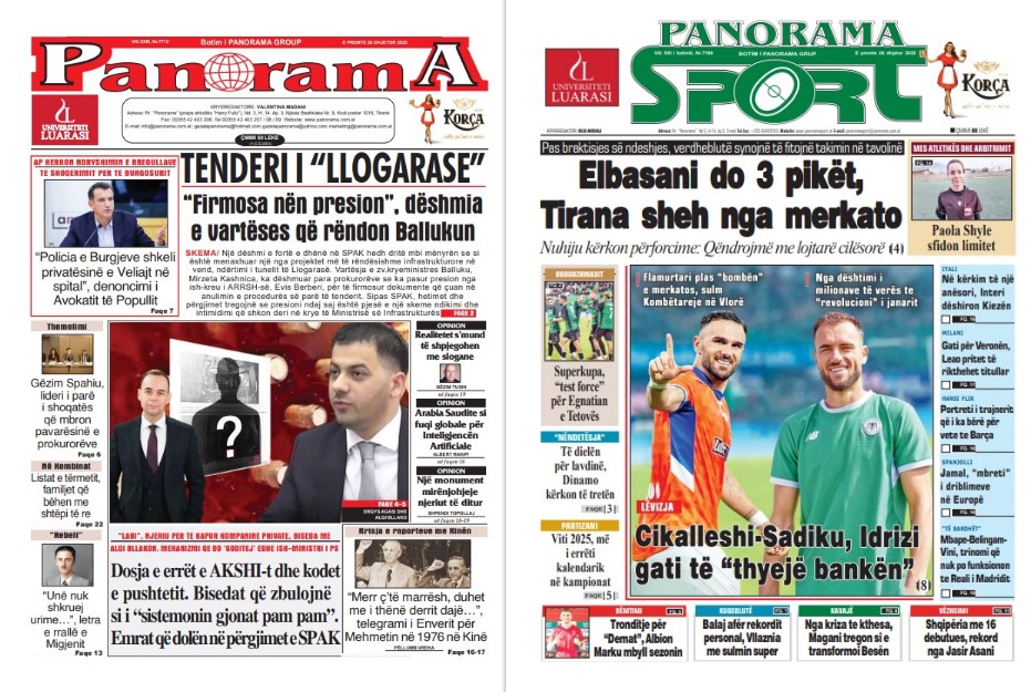 Lexoni faqen e parë të gazetës “Panorama” dhe “Panorama Sport”