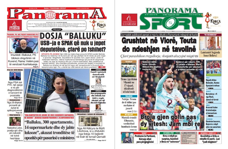 Lexoni faqen e parë të gazetës “Panorama” dhe “Panorama Sport”
