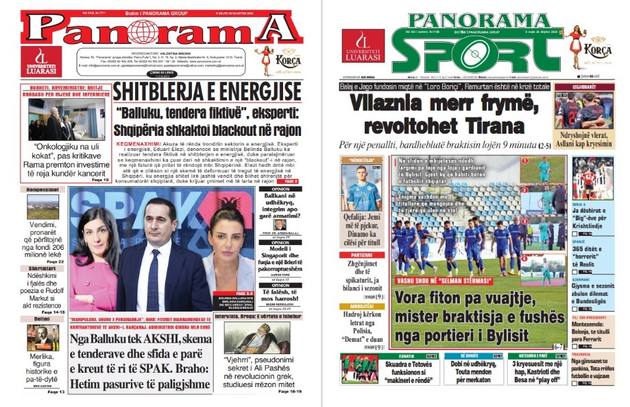 Lexoni faqen e parë të gazetës “Panorama” dhe “Panorama Sport”