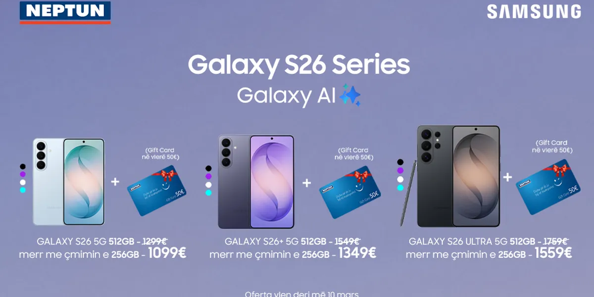 Në Neptun Kosova ka mbërritur Samsung Galaxy Seria S26 me AI, zbritje deri në 200€ + Gift Card ne vlerë 50€